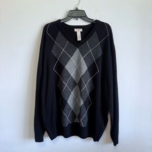 Dockers Black Argyle V-Neck Sweater XXL | Dark Academia Grandpa Core Aesthetic